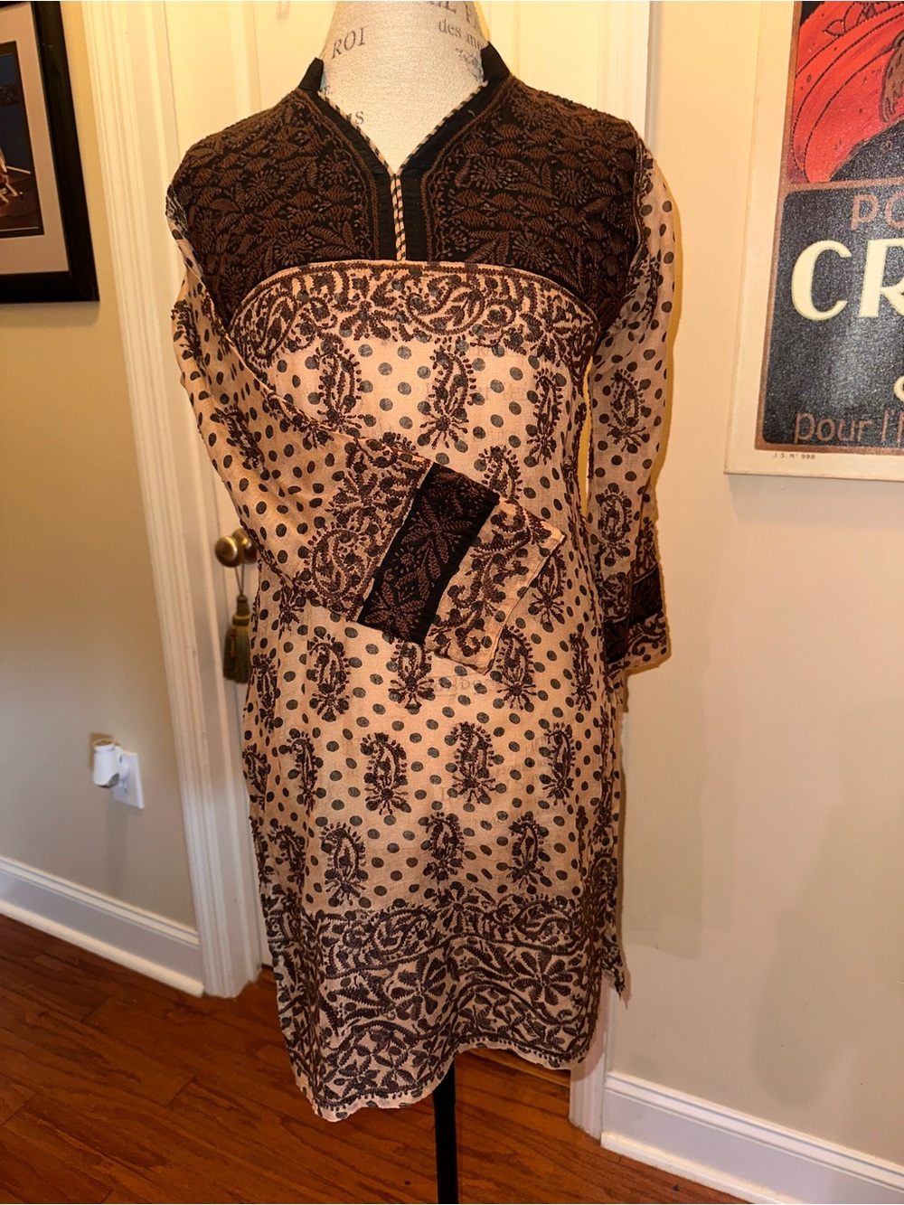 Beige & Black Long Sleeve Printed Tunic Dress with Embroidered Yoke